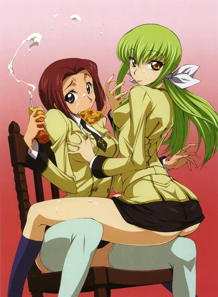 00s 2girls ashford_academy_school_uniform ass bare_shoulders blue_eyes blush body_blush breasts breasts_squeezed_together brown_eyes c.c. chair code_geass eating food grabbing_another&#039;s_breast green_hair groping juice_box kneehighs kouzuki_kallen legs long_hair long_legs medium_breasts milk miniskirt mouth_hold multiple_girls no_panties off_shoulder official_art pizza pizza_slice ponytail red_background red_hair school_uniform sexually_suggestive shiny_skin short_hair simple_background sitting sitting_on_lap sitting_on_person skirt socks spread_legs squirting_liquid straddling suggestive_fluid tabata_hisayuki thighhighs thighs yuri zettai_ryouiki
