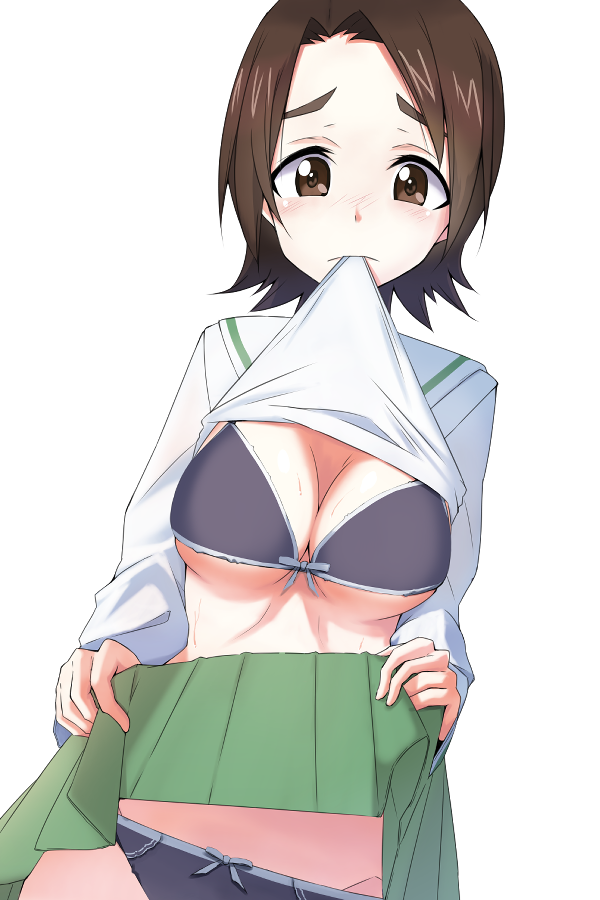 1girl black_bra black_panties blush bra breasts brown_eyes brown_hair cleavage clothes_in_mouth clothes_lift female_focus girls_und_panzer green_skirt groin large_breasts lifting_own_clothes looking_at_viewer mouth_hold ooarai_school_uniform panties sawa_azusa school_uniform shiny_skin shirt_in_mouth shirt_lift short_hair simple_background skirt skirt_lift solo standing sweat tsuru_(tsubasa1993621) underwear white_background