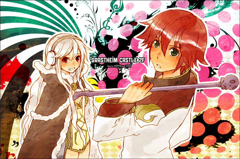 1boy 1girl bad_id breasts brown_cape cape character_name coat colorful_background dress english_text engrish_text expressionless fur-trimmed_cape fur_trim green_eyes grey_hair grin headphones high_priest_(ragnarok_online) high_wizard_(ragnarok_online) holding holding_staff lala_(sputnik) long_hair long_sleeves looking_at_viewer multicolored_coat ragnarok_online ranguage red_coat red_eyes red_hair short_dress short_hair small_breasts smile staff two-tone_coat upper_body very_long_hair white_coat white_dress