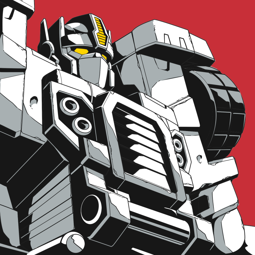 autobot kamizono_(spookyhouse) limited_palette mask mecha monochrome motor_vehicle no_humans optimus_prime red_background robot solo solo_focus transformers transformers_armada transformers_unicron_trilogy truck unused_tire yellow_eyes