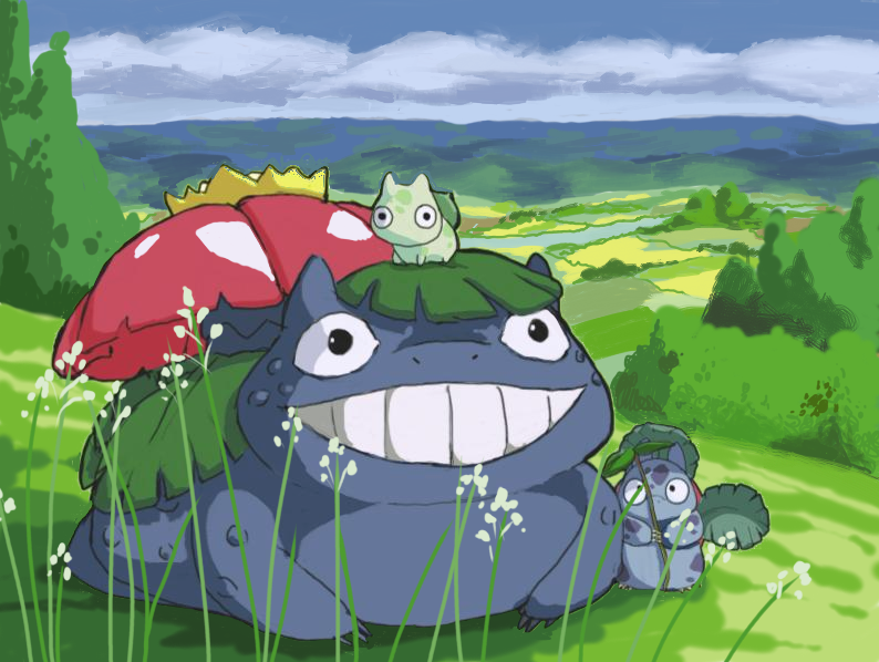 animal_focus black_eyes blue_sky bulbasaur commentary day english_commentary evolutionary_line flower full_body gen_1_pokemon grass grin holding holding_leaf ivysaur leaf leaf_umbrella nintendo no_humans nostrils outdoors piscimancy pokemon pokemon_(creature) sky smile teeth tonari_no_totoro totoro tree venusaur white_flower