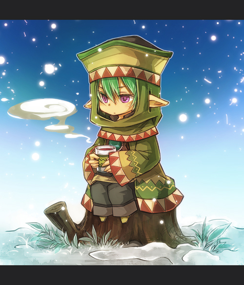 00s 1boy cup final_fantasy final_fantasy_xi fujiwara_akina green_hair karaha-baruha male_focus pointy_ears purple_eyes short_hair solo tarutaru