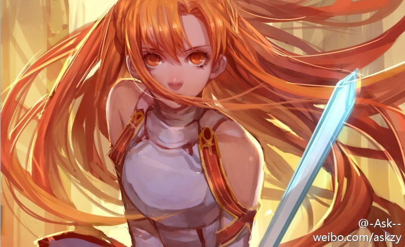 1girl ask_(askzy) asuna_(sao) dress holding holding_sword holding_weapon long_hair orange_eyes orange_hair solo standing sword sword_art_online weapon white_dress