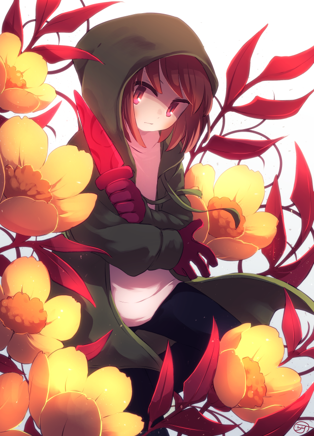 1other black_pants brown_hair chara_(undertale) closed_mouth commentary cowboy_shot drawstring english_commentary flower gloves glowing glowing_eyes glowing_knife gradient_background green_jacket grey_background holding holding_knife hood hood_up hooded_jacket jacket knife lari-lab light_particles looking_down open_clothes open_jacket other_focus pants partially_shaded_face red_eyes red_gloves shirt short_hair simple_background solo storyshift two-tone_background undertale white_background white_shirt yellow_flower