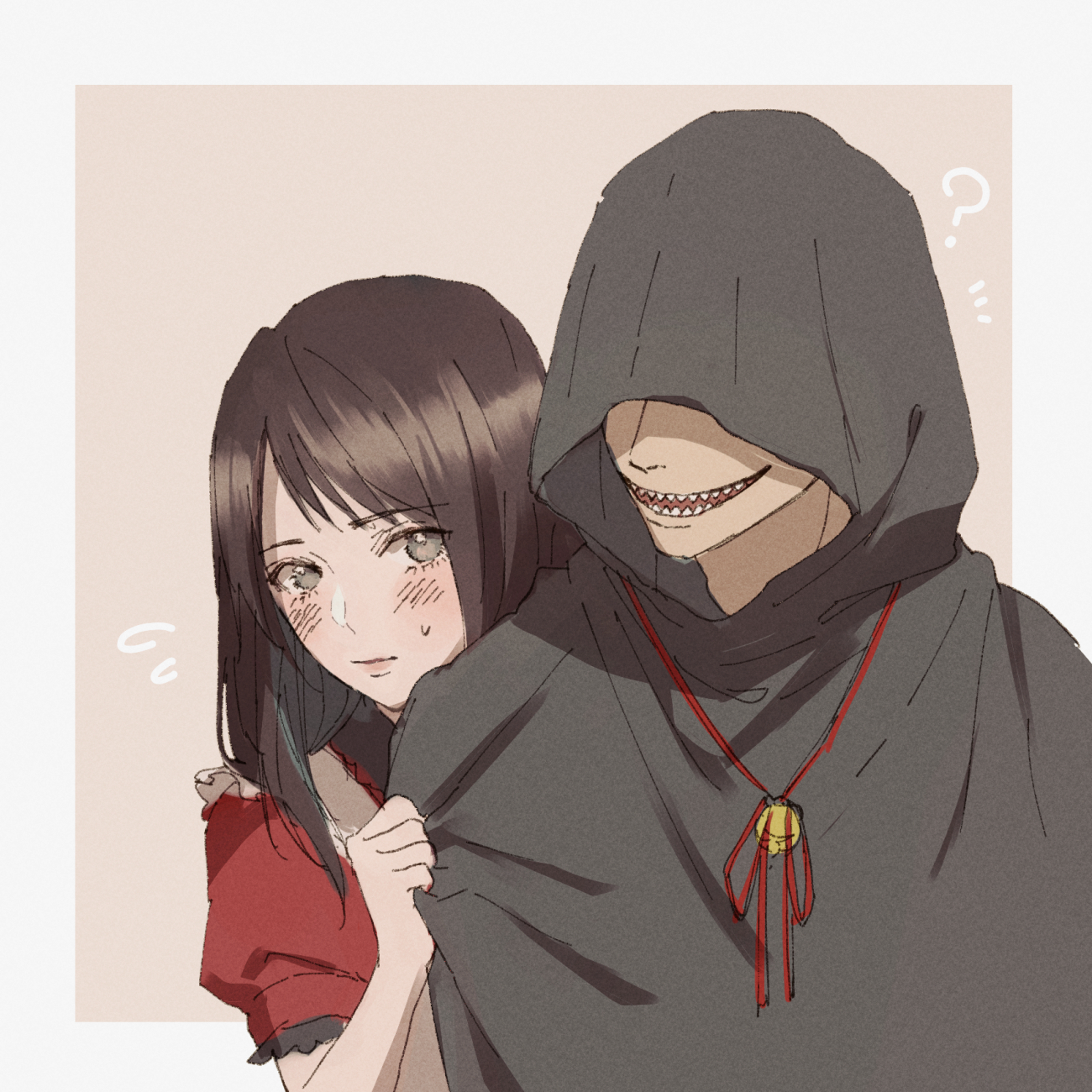 1boy 1girl ? apron blush border brown_hair cheshire_cat_(yugami_no_kuni_no_alice) closed_mouth dress grey_eyes hiding hiding_behind_another highres hood hood_over_eyes hood_up katsuragi_ariko kurosujuu long_hair peeking_out red_dress red_ribbon ribbon sharp_teeth sweatdrop teeth upper_body white_apron white_border yugami_no_kuni_no_alice