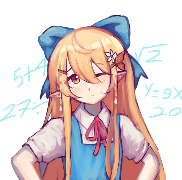 1girl blonde_hair blue_bow blue_dress bow brown_eyes cirno cirno_(cosplay) clenched_hands confused cosplay dress fairy fairy_wings flat_chest hair_bow hands_on_own_hips jess_(p2eocene) long_hair looking_up math nijisanji nijisanji_en one_eye_closed pointy_ears pomu_rainpuff smile solo touhou very_long_hair virtual_youtuber wings