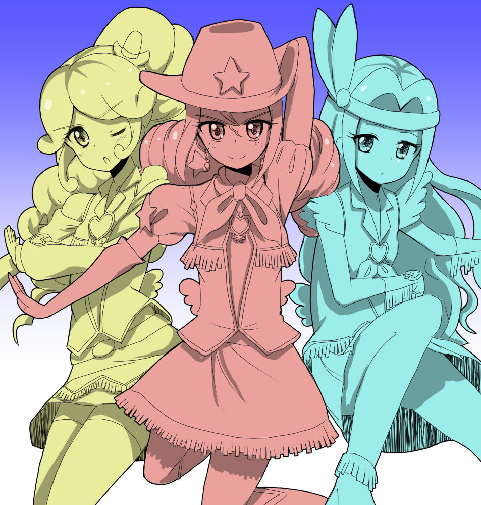 10s 3girls blonde_haired_cure_(bomber_girls_precure)_(happinesscharge_precure!) bomber_girls_precure brooch cowboy_hat dress earrings feathers fingerless_gloves freckles fringe_trim gloves grey_haired_cure_(bomber_girls_precure)_(happinesscharge_precure!) happinesscharge_precure! hat jewelry kaosu_nigou multiple_girls precure red_haired_cure_(bomber_girls_precure)_(happinesscharge_precure!) thighhighs tribal wink