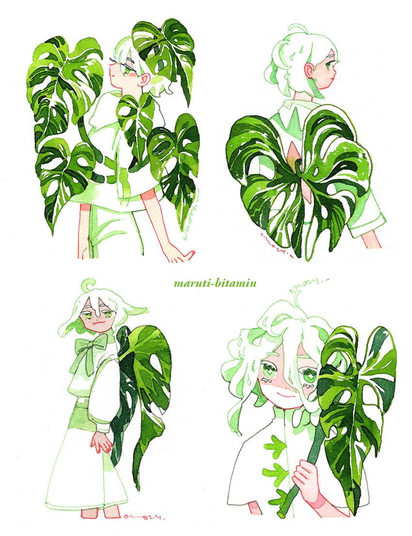 1boy 3girls :3 artist_name back_cutout bow bowtie clothing_cutout collage collared_shirt colored_eyelashes from_behind green_bow green_bowtie green_eyes green_theme green_wings growing_out_of_body high_collar holding holding_plant ink_(medium) leaf long_sleeves looking_at_viewer looking_back maruti_bitamin medium_hair monstera_deliciosa multiple_girls original painting_(medium) pants plant plant_wings puffy_long_sleeves puffy_sleeves shirt short_hair short_sleeves simple_background skirt smile traditional_media watercolor_(medium) white_background white_eyelashes white_hair white_pants white_shirt white_skirt wings
