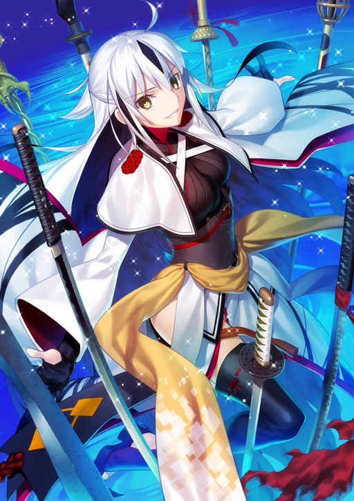1girl ahoge black_gloves black_hair black_thighhighs blue_background breasts capelet fate/grand_order fate_(series) floating_clothes floating_hair foot_out_of_frame game_cg gloves green_eyes grin high_collar japanese_clothes katana leg_up long_hair long_sleeves looking_at_viewer medium_breasts multicolored_hair multiple_swords nagao_kagetora_(fate) official_art outstretched_arms partially_fingerless_gloves planted planted_sword planted_weapon platform_sandals ringed_eyes sandals sash skirt smile solo sparkle sword takeuchi_takashi thighhighs third-party_source two-tone_hair weapon white_capelet white_hair white_skirt wide_sleeves yellow_sash