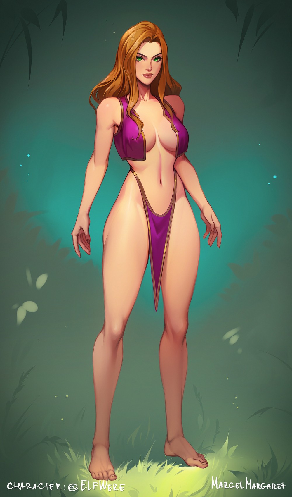 1girl artist_name bare_arms bare_shoulders barefoot breasts brown_hair crop_top grass green_background highres large_breasts loincloth long_hair looking_at_viewer margelmargaret navel original smile solo standing