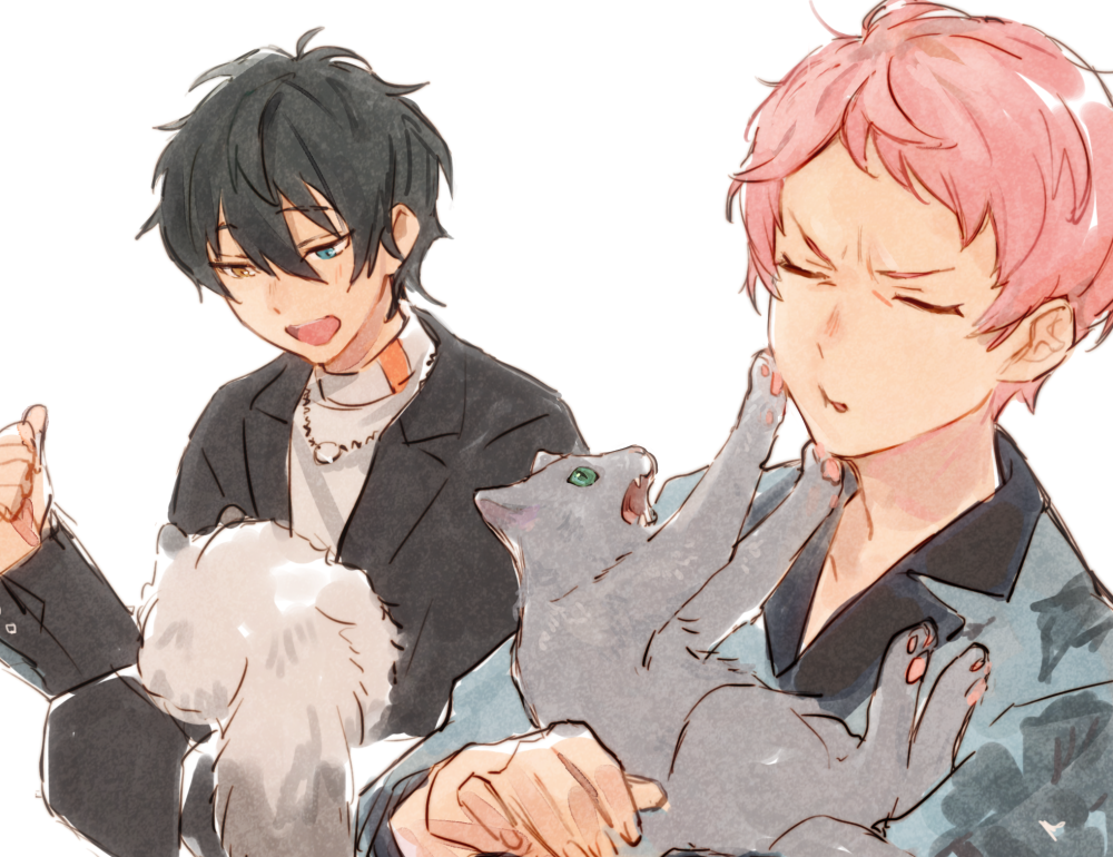 &gt;_&lt; 2boys :t animal animal_on_lap aqua_jacket bishounen black_collar black_hair black_jacket cat cat_on_lap closed_eyes collar double-parted_bangs ensemble_stars! grey_cat hair_between_eyes hand_up heterochromia holding holding_animal holding_cat itsuki_shu jacket jewelry kagehira_mika lapels logi_bunbukucha looking_at_animal looking_down male_focus multiple_boys necklace on_lap open_mouth pink_hair rejection short_bangs short_hair simple_background sweater sweater_under_jacket turtleneck watercolor_effect white_background white_sweater