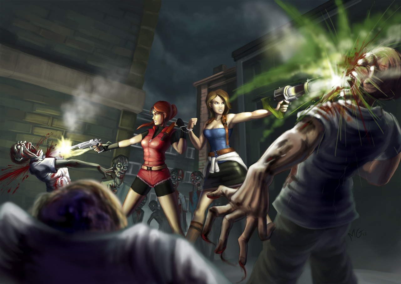 2girls acid artist_name bare_shoulders battle bike_shorts blood blue_eyes boots break-action_grenade_launcher breasts brown_hair capcom claire_redfield cleavage clothes_around_waist cuffs cutoffs denim denim_shorts desert_eagle drawfag extended_barrel fingerless_gloves gloves grenade_launcher gun handcuffs handgun headshot hk-p_l1 jill_valentine knee_boots long_hair mario_grant miniskirt multiple_girls ponytail resident_evil resident_evil_2 resident_evil_3:_nemesis short_hair shorts signature skirt suspenders sweater sweater_around_waist weapon zombie