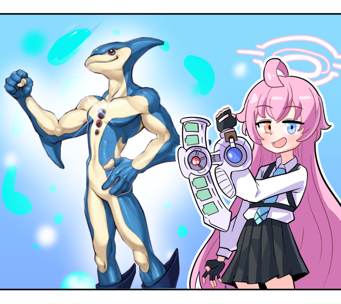 1boy 1girl antenna_hair bk_(75221787) black_skirt blue_archive cowboy_shot crossover dual_disk halo heterochromia hoshino_(blue_archive) looking_at_viewer neo-spacian_aqua_dolphin pink_hair shirt skirt thigh_gap white_shirt yu-gi-oh!