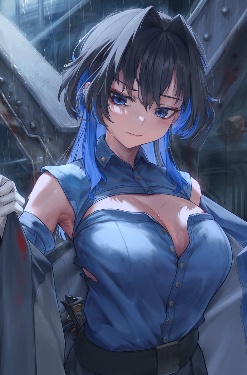 1girl armpits bare_shoulders blue_eyes blue_hair blue_shirt blush breasts cleavage collared_shirt commentary earrings english_commentary gloves hair_intakes highres hololive hololive_english jewelry large_breasts long_hair open_mouth ouro_kronii ouro_kronii_(4th_costume) padoruu paid_reward_available rain revision shirt solo upper_body virtual_youtuber wet white_gloves