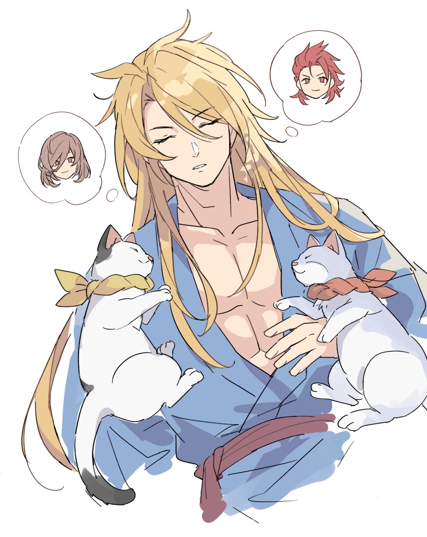 1boy abs aglovale_(granblue_fantasy) aglovale_(yukata)_(granblue_fantasy) blonde_hair blue_kimono cat granblue_fantasy hair_between_eyes japanese_clothes kimono lamorak_(granblue_fantasy) long_hair male_focus minatomo_(guydecca) official_alternate_costume pectoral_cleavage pectorals percival_(granblue_fantasy) simple_background sleeping solo speech_bubble thought_bubble very_long_hair white_background