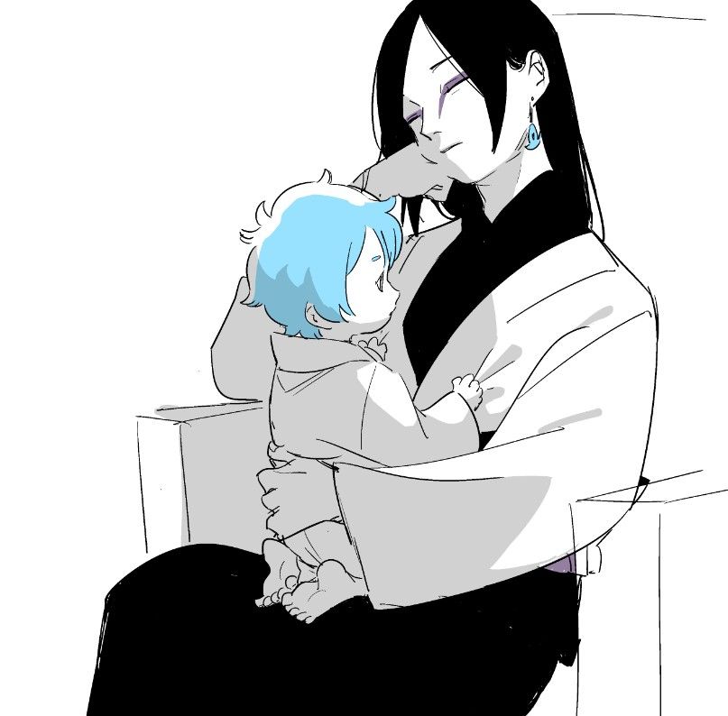 aged_down baby barefoot black_hair blue_hair boruto:_naruto_next_generations earrings eyeliner father_and_son hand_on_another&#039;s_back hand_on_own_cheek hand_on_own_face japanese_clothes jewelry kimono kutuyatti makeup mitsuki_(naruto) monochrome naruto_(series) orochimaru_(naruto) parent_and_child sitting sitting_in_chair sitting_on_knees sitting_on_lap sitting_on_person sleeping spiked_hair yellow_eyes
