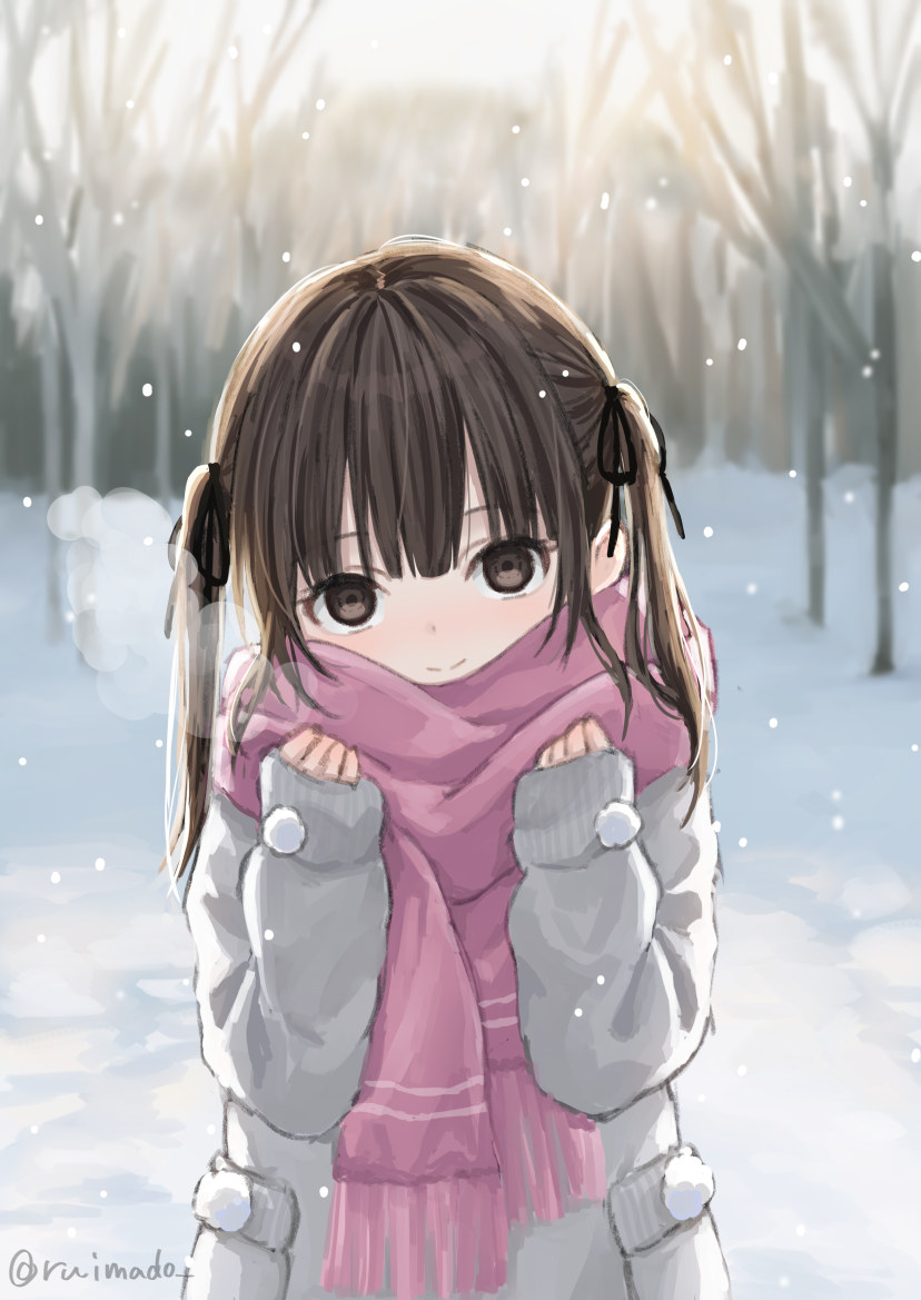 1girl blush breath brown_eyes brown_hair child closed_mouth coat commentary_request day forest long_hair looking_at_viewer nature original pink_scarf pocket ruimado scarf smile snow snowing solo twintails white_coat winter winter_uniform