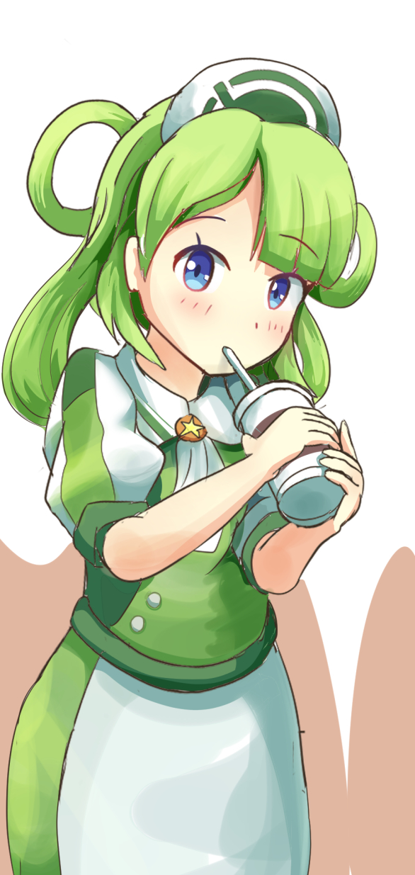1girl blue_eyes blush cup disposable_cup drinking drinking_straw green_hair hair_rings hat highres holding holding_cup kagotome long_hair looking_at_viewer nintendo nurse_cap pokemon pokemon_masters_ex short_sleeves simple_background solo standing trinnia_(pokemon) upper_body