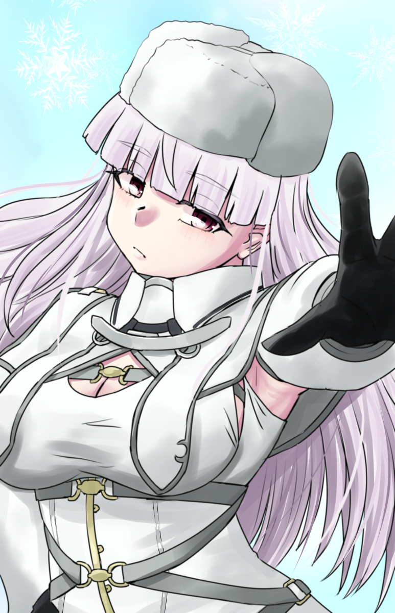 1girl black_gloves blunt_bangs blush breasts cleavage_cutout closed_mouth clothing_cutout commentary_request dress fur_hat gloves hat highres kantai_collection kirov_(kancolle) large_breasts long_hair looking_at_viewer nekotarou_(nktr299) outstretched_arm pink_hair red_eyes simple_background snowflakes solo upper_body