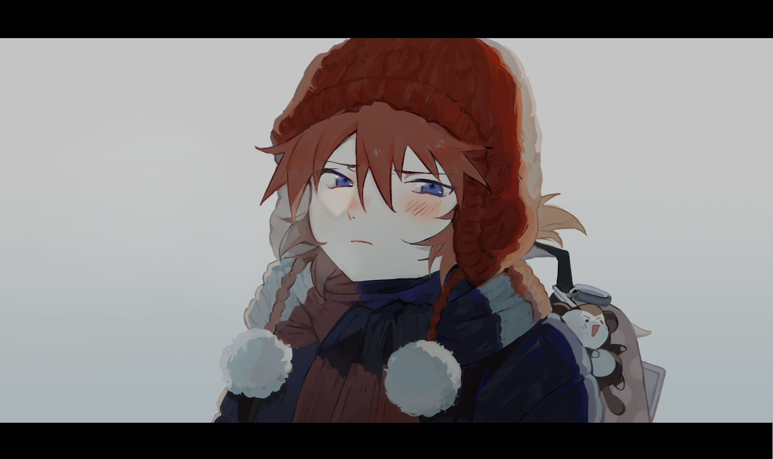 1girl black_jacket blue_eyes blush chuanhua closed_mouth commentary_request frown grey_background hair_between_eyes hat highres jacket knit_hat letterboxed neon_genesis_evangelion orange_hair pom_pom_(clothes) portrait red_hat red_scarf scarf short_hair solo souryuu_asuka_langley winter_clothes