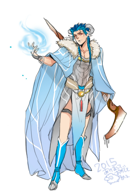 1boy blue_hair boots cape cu_chulainn_(caster)_(fate) cu_chulainn_(fate) cu_chulainn_(fate/stay_night) fate/grand_order fate_(series) fur_collar horns jun_(ash) long_hair magic male_focus ponytail solo staff