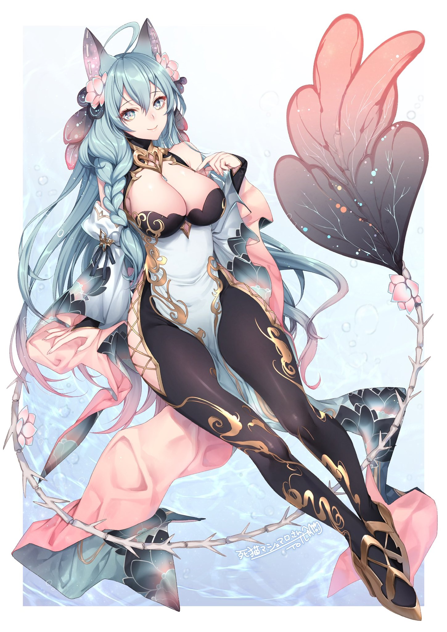 ahoge animal_ears artist_request blue_eyes blue_hair bone breasts fin gold hair_tail high_heels highres japanese_clothes large_breasts nails original smile thighhighs water