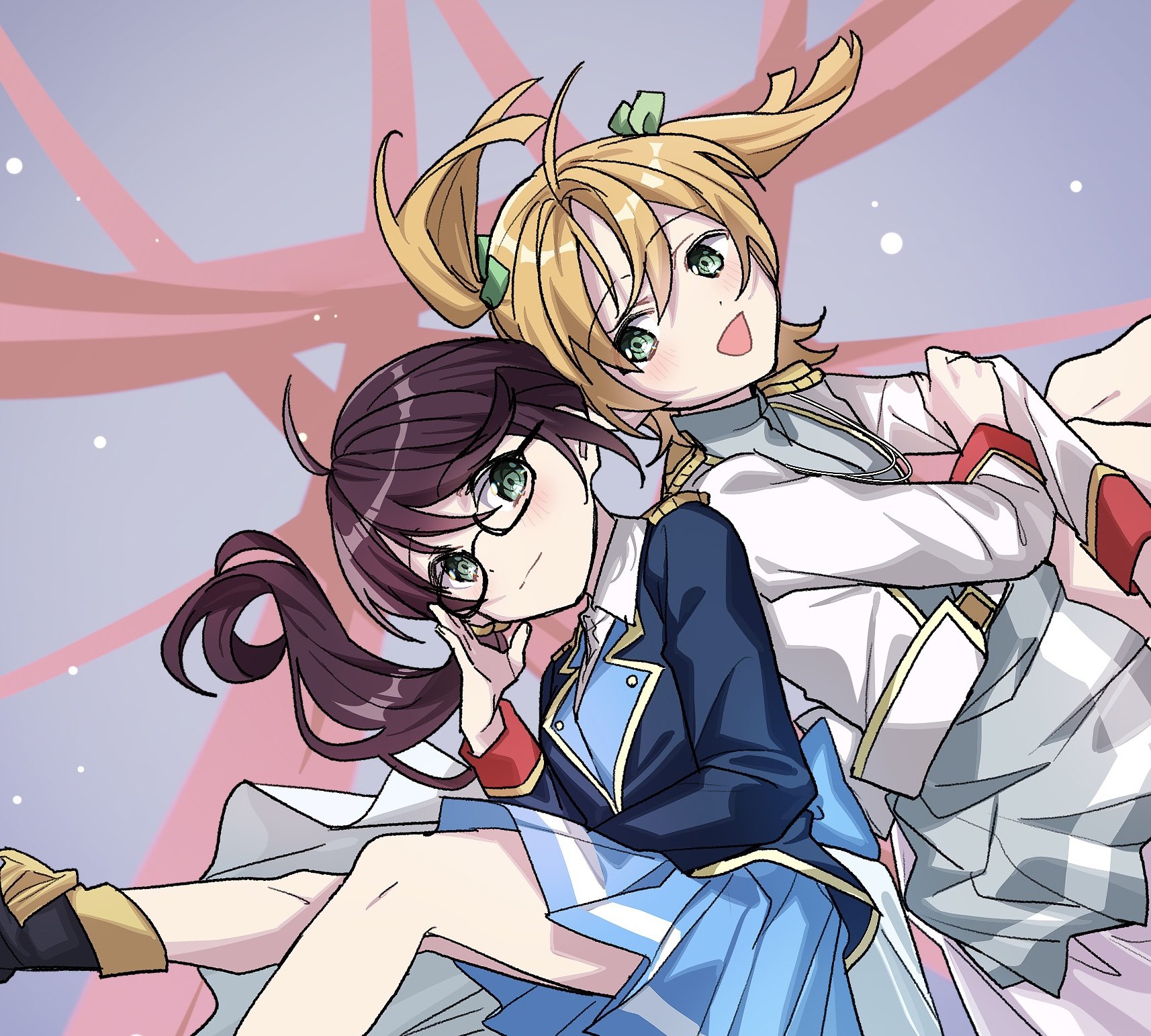 2girls :d adjusting_eyewear ahoge back-to-back back_bow black-framed_eyewear black_boots blonde_hair blue_bow blue_jacket blue_skirt blush boots bow closed_mouth collared_shirt commentary daiba_nana epaulettes feet_out_of_frame floating_hair glasses green_eyes green_ribbon grey_background grey_skirt hair_between_eyes hair_ribbon hand_on_lap hand_on_own_arm hand_up highres hoshimi_junna jacket knee_up knees_up light_particles long_hair long_sleeves looking_at_viewer looking_to_the_side low_side_ponytail maruiusausagi midair miniskirt multiple_girls open_mouth outstretched_leg pleated_skirt purple_hair red_ribbon ribbon shirt short_hair short_twintails shoujo_kageki_revue_starlight side_ponytail single_stripe sitting skirt smile twintails waist_cape white_jacket white_shirt