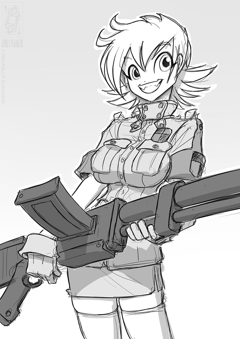 1girl artist_name commentary english_commentary greyscale gun happy hellsing holding holding_gun holding_weapon jolly_jack looking_at_viewer monochrome seras_victoria short_hair simple_background sketch smile solo standing thighhighs thighs watermark weapon