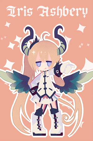1girl :q ahoge blonde_hair blush_stickers boots character_name chibi closed_mouth dragon_horns dragon_wings female_focus full_body garter_straps gloves horns iris_ashbery jitome lieat long_hair long_sleeves looking_at_viewer lowres miwasiba official_art orange_background outline outstretched_arm pigeon-toed purple_eyes simple_background skirt smile solo sparkle standing tongue tongue_out twintails uniform v-shaped_eyebrows very_long_hair white_boots white_gloves white_skirt wings