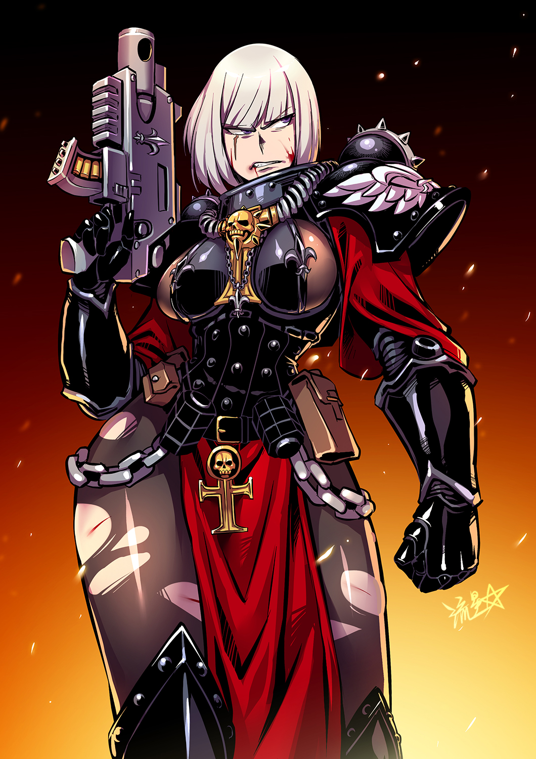 .75_calibre_bolt 1girl adepta_sororitas ammunition anti-materiel_cartridge armor blood blood_on_face bolt_(warhammer_40k) bolt_pistol bolter breasts chain commentary cuts embers english_commentary fleur-de-lis frown gun high-explosive_cartridge highres holding holding_gun holding_weapon injury leggings looking_to_the_side pauldrons pouch power_armor revealing_clothes rocket-assisted_projectile rosary ryuusei_(mark_ii) scar scar_across_eye scar_on_face shoulder_armor sideboob signature skull solo torn_clothes torn_legwear warhammer_40k weapon white_hair window_magazine