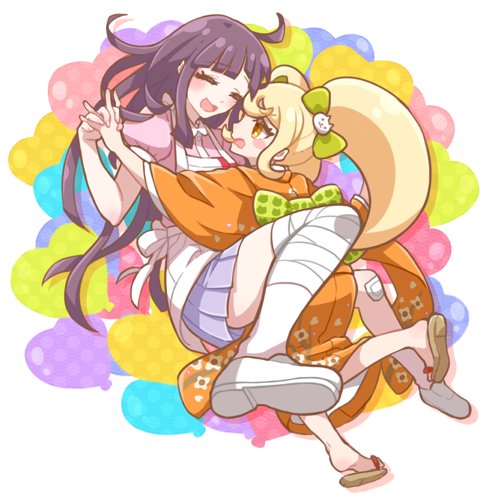2girls apron bandaged_leg bandages bandaid bandaid_on_knee bandaid_on_leg blonde_hair blue_skirt blush blush_stickers bow closed_eyes commentary_request danganronpa_(series) danganronpa_2:_goodbye_despair eyelashes green_bow holding_hands japanese_clothes kimono koropote multiple_girls open_mouth orange_eyes orange_kimono pink_shirt purple_hair saionji_hiyoko sandals shirt shoes skirt smile socks tsumiki_mikan twintails white_apron white_shoes white_socks