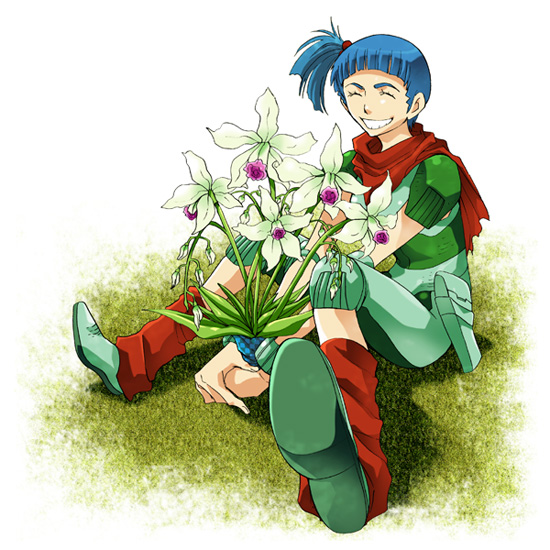 1girl :d blue_hair closed_eyes facing_viewer flower grass green_footwear open_mouth outdoors own_hands_together pin_karo ponytail pouch rag_uralo red_legwear red_scarf scarf sentou_mecha_xabungle short_hair short_ponytail short_sleeves side_ponytail sitting smile solo white_background wristband