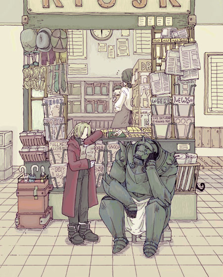 00s 1girl 3boys alphonse_elric armor baby bag black_pants blonde_hair boots bottle brother brothers newsboy_cap carrying clock closed_umbrella edward_elric family fedora fullmetal_alchemist gloves hat jacket kiosk long_coat magazine_(object) map milk multiple_boys necktie newspaper pants red_gloves red_jacket refrigerator rope siblings sitting slice_of_life standing umbrella unworn_hat unworn_headwear white_gloves