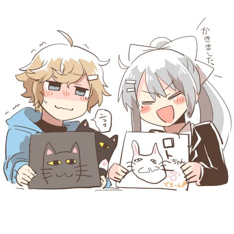 1boy 1girl :d black_jacket blazer blue_jacket blush_stickers brown_hair chibi closed_eyes closed_mouth drawing_(object) grey_eyes grey_hair hair_ornament hairclip higuchi_kaede higuchi_kaede_(1st_costume) hood hood_down hooded_jacket jacket kanae_(1st_costume)_(nijisanji) kanae_(nijisanji) long_hair lowres mole mole_under_eye nijisanji open_mouth ponytail rebecca_(keinelove) roto_(kanae) school_uniform simple_background smile translation_request trembling v-shaped_eyebrows virtual_youtuber wavy_mouth white_background