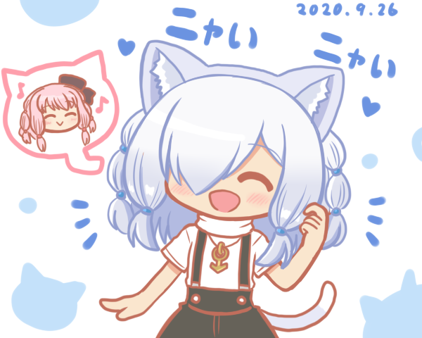 1boy 1girl :d ^_^ animal_ear_fluff animal_ears bad_id bad_twitter_id black_hat black_skirt blush borrowed_hairstyle cat_ears cat_tail chibi closed_eyes closed_mouth facing_viewer grey_hair hair_over_one_eye hand_up hat magia_record:_mahou_shoujo_madoka_magica_gaiden mahou_shoujo_madoka_magica male_focus mars_symbol mini_hat multi-tied_hair multiple_girls musical_note open_mouth original pink_hair reverse_(bluefencer) shirt short_sleeves simple_background skirt smile solo_focus suspender_skirt suspenders tail tamaki_ui top_hat trap white_background white_shirt