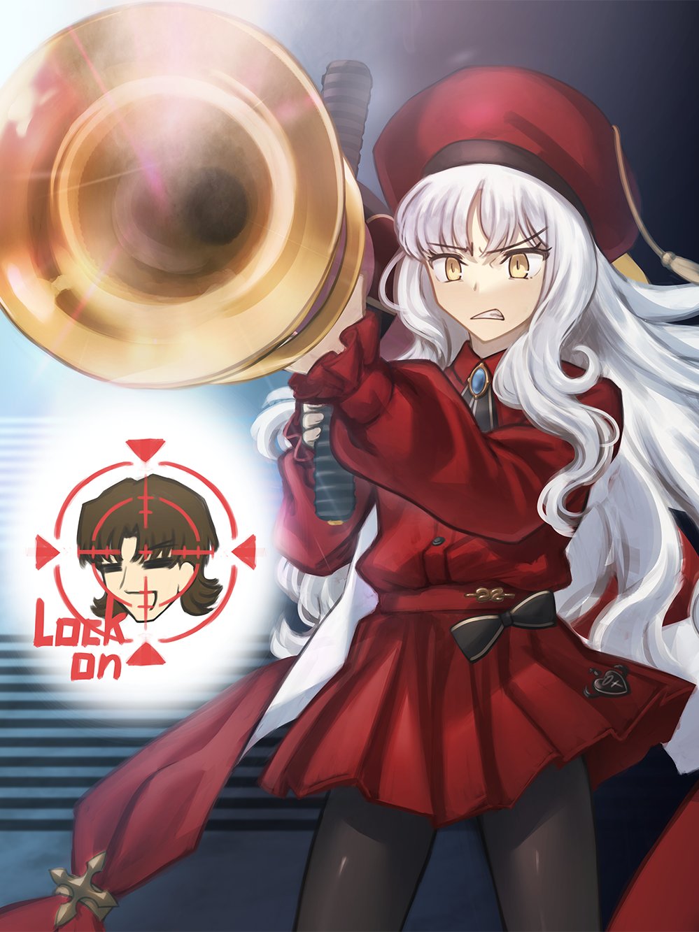 beret black_pantyhose brown_hair caren_hortensia caren_hortensia_(amor_caren) caren_hortensia_(amor_caren)_(second_ascension) crosshair dress fate/grand_order fate_(series) hat highres kotomine_kirei long_hair pantyhose red_dress rocket_launcher scowl shoori_(migiha) weapon white_hair yellow_eyes