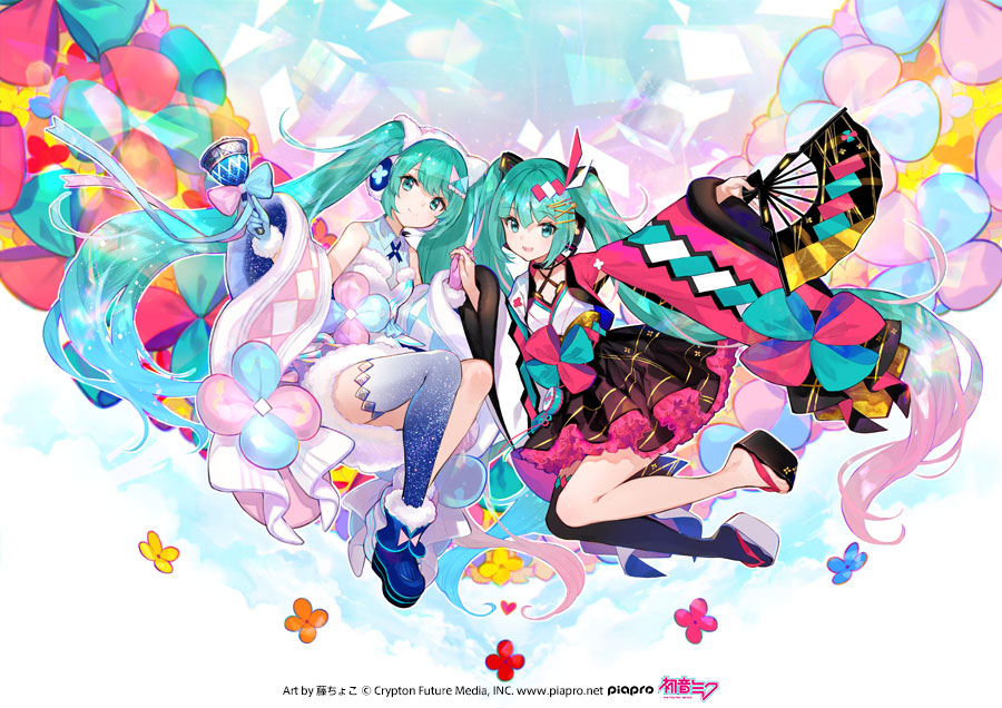 2girls aqua_eyes aqua_hair asymmetrical_gloves bell black_shoes black_thighhighs blue_bow blue_gloves blue_shoes boots bow character_name commentary_request copyright_notice dress fur-trimmed_dress fur_trim fuzichoco gloves gradient_hair gradient_thighhighs hair_ornament hairclip hand_fan hatsune_miku holding holding_bell holding_fan japanese_clothes kimono logo long_hair magical_mirai_(vocaloid) magical_mirai_miku magical_mirai_miku_(2020_summer) magical_mirai_miku_(2020_winter) mismatched_gloves multicolored_hair multiple_girls official_art pink_bow pink_gloves pink_hair second-party_source shoes single_thighhigh thighhighs twintails very_long_hair vocaloid white_shoes wide_sleeves yukata