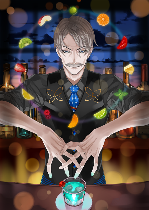 1boy apple apple_slice bar_(place) bartender black_vest blue_eyes blue_necktie blurry bokeh bottle buttons coaster collared_shirt cup depth_of_field drink drinking_glass facial_hair fate/grand_order fate_(series) floating food fruit fruit_request grey_facial_hair grey_hair grey_shirt hands_up honjou_raita ice ice_cube interlocked_fingers james_moriarty_(archer)_(fate) james_moriarty_(gray_collar)_(fate) kiwi_(fruit) kiwi_slice lemon lemon_slice lime_(fruit) lime_slice looking_at_viewer male_focus mature_male mustache necktie official_art old old_man own_hands_together parted_bangs raspberry rocks_glass shirt short_hair sleeves_pushed_up smile solo standing strawberry strawberry_slice third-party_source upper_body vest waistcoat wine_bottle wing_collar wrinkled_skin