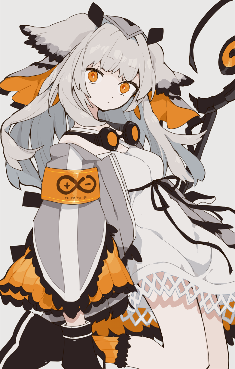 1girl arknights armband bare_legs black_boots black_gloves black_ribbon boots breasts closed_mouth coat commentary dot_nose dress expressionless feather_trim gloves goggles goggles_around_neck grey_background grey_coat grey_hair highres holding holding_staff long_hair long_sleeves looking_at_viewer medium_breasts mochisiku orange_eyes orange_socks owl_ears ptilopsis_(arknights) rhine_lab_logo ribbon short_dress simple_background socks solo staff veil white_dress