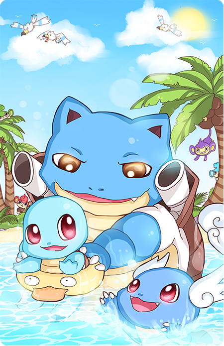 aipom blastoise brown_eyes cannon claws cloud coconut coconut_tree commentary dariendoodles day english_commentary evolutionary_line fang fangs gen_1_pokemon gen_2_pokemon gen_3_pokemon gen_5_pokemon nintendo no_humans open_mouth palm_tree panpour pansage pansear pink_eyes pokemon pokemon_(creature) psyduck smile squirtle sun swim_ring tree wartortle water wingull