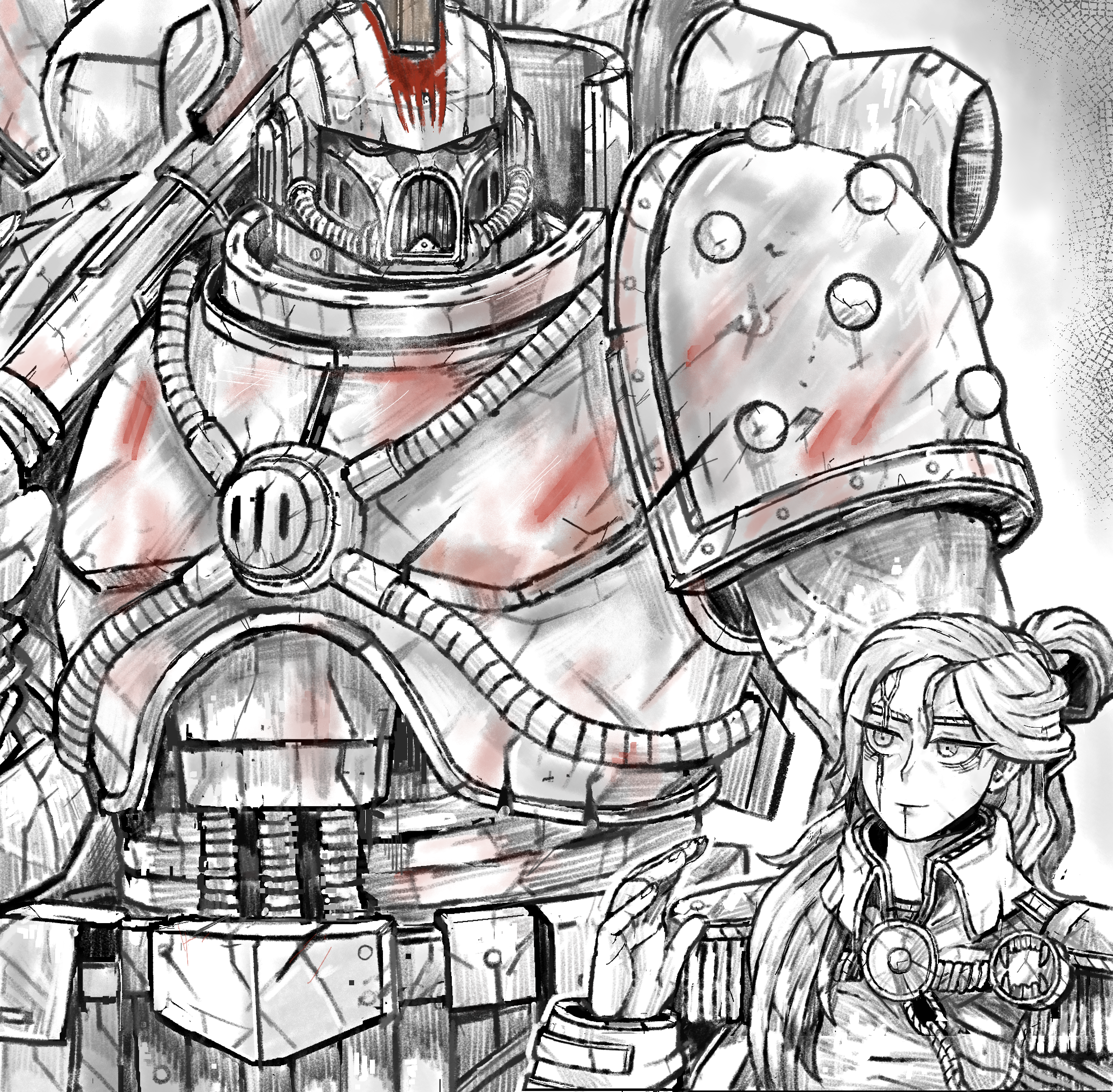 1boy 1girl adeptus_astartes aiguillette armor blood blood_on_armor blood_on_helmet epaulettes height_difference helmet highres kharn_the_betrayer lotara_sarrin military_uniform octosoup pauldrons power_armor shoulder_armor spot_color studded_pauldrons veins veiny_arms warhammer_40k world_eaters