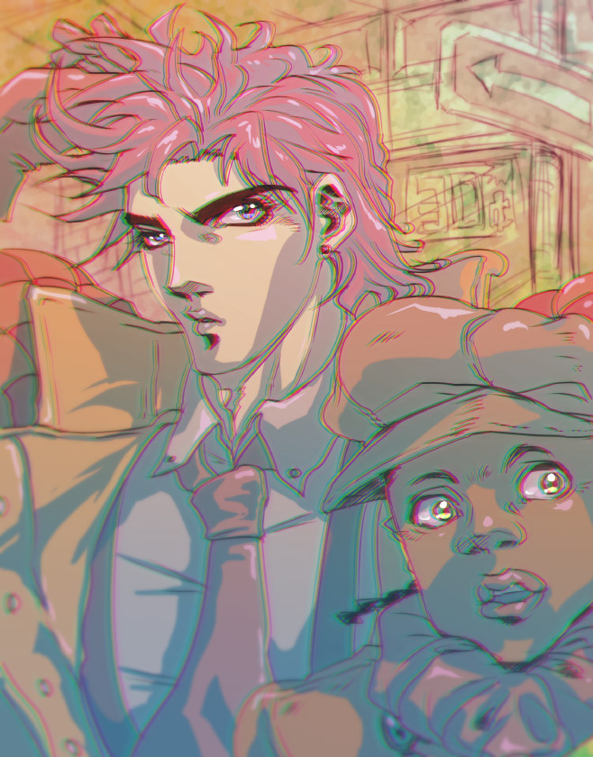 2boys aokumo_2 bad_id bad_pixiv_id newsboy_cap dark-skinned_male dark_skin hat jacket jojo_no_kimyou_na_bouken joseph_joestar joseph_joestar_(young) multiple_boys necktie official_alternate_costume pout purple_hair smokey_brown very_dark_skin