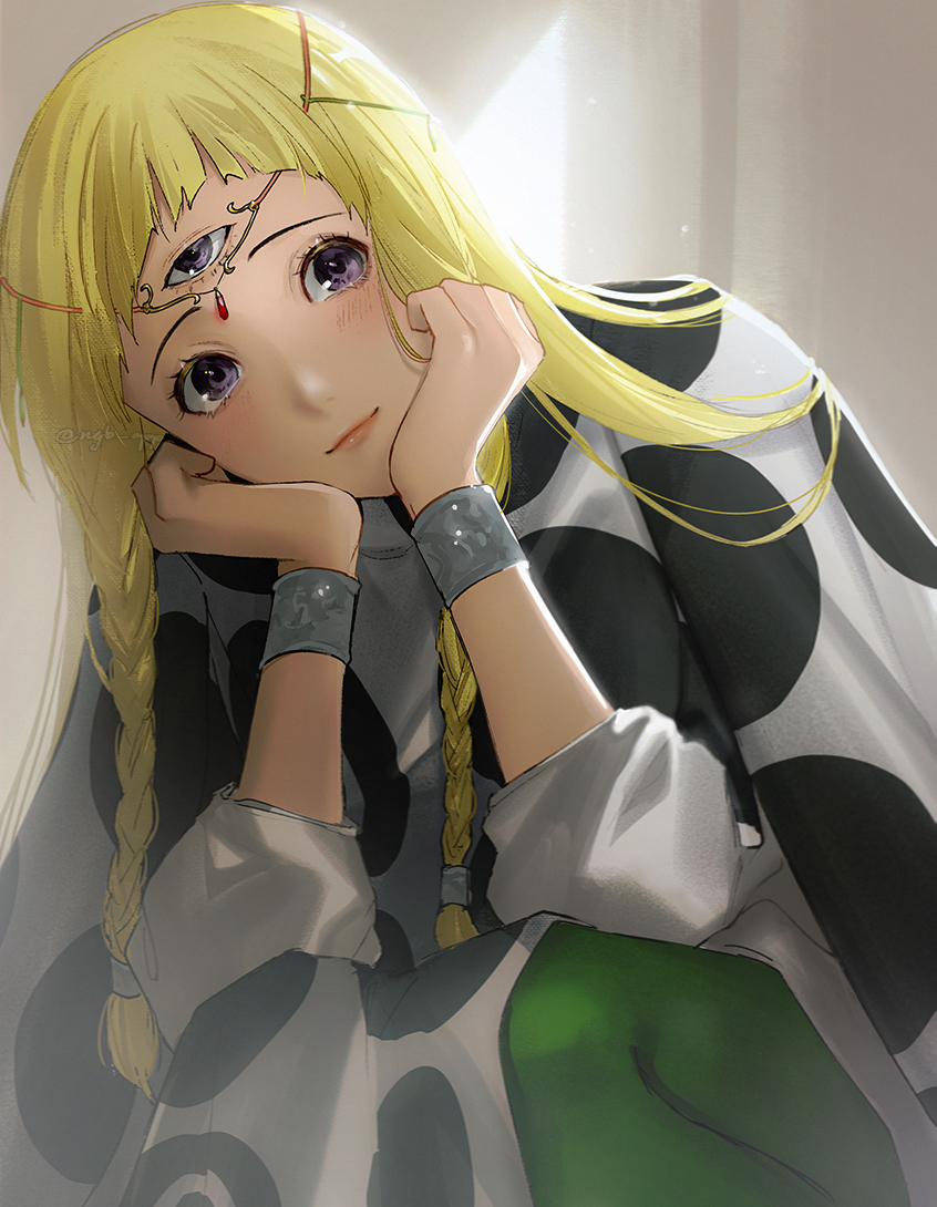 blonde_hair blush bracelet braid circlet eupha_(metaphor:_refantazio) green_pants hand_on_own_face hands_on_own_face head_tilt jewelry kaori metaphor:_refantazio pants purple_eyes robe smile tan third_eye twin_braids white_robe
