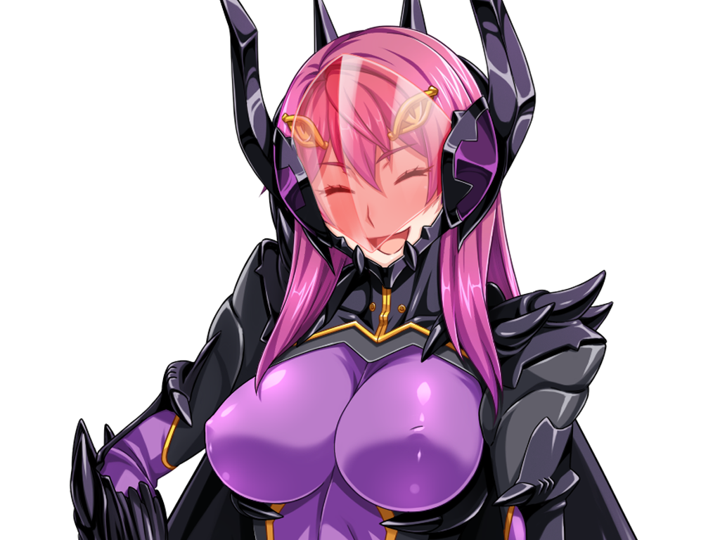 1girl :d ^_^ armor assault_visor bodysuit breasts closed_eyes covered_erect_nipples dark_reica fake_horns game_cg gentle_sasaki headgear helmet horned_helmet horns large_breasts large_variant_set long_hair non-web_source official_art open_mouth pink_hair purple_bodysuit shindou_hatsune skin_tight smile solo soukou_senki_prism_reica transparent_background upper_body variant_set