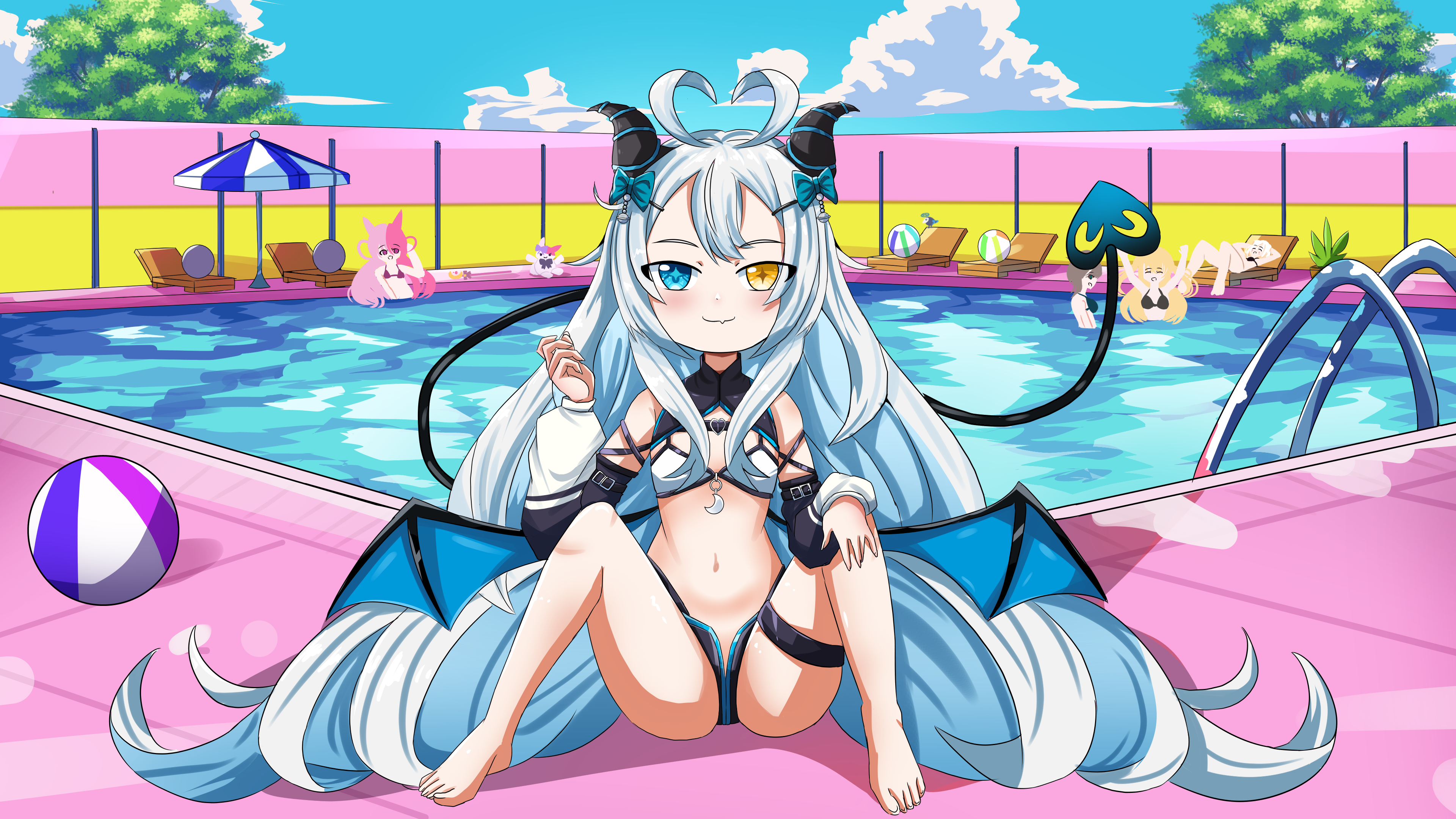 5girls absurdres ahoge akugaki_koa animal_ears ball beachball bikini blonde_hair blush bow breasts brown_hair chromashift closed_mouth cloud commission demon_girl demon_horns demon_tail demon_wings fang feet highres horns chromashift lalabell_lullaby long_hair looking_at_viewer lying meica_(vtuber) multiple_girls on_back pink_hair pool purple_hair ribbon ruby_runeheart shadow sitting skin_fang sky small_breasts stuffed_toy sunbathing swimsuit taiga_toragami tail umbrella very_long_hair virtual_youtuber water white_hair wings