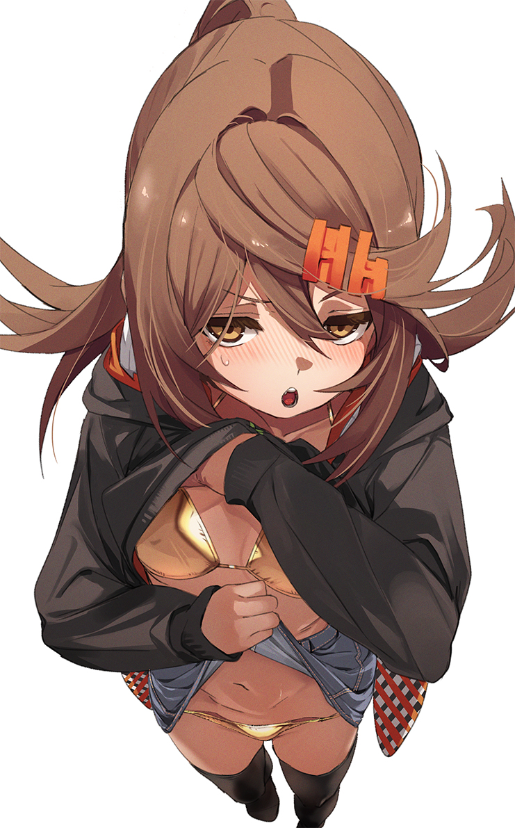 bikini black_thighhighs blush breasts brown_eyes brown_hair clothes_lift collarbone fu-ta gold_bikini hood hoodie hoodie_lift long_hair looking_at_viewer open_mouth original ponytail skirt skirt_lift small_breasts stomach swimsuit teeth thighhighs tongue usami_taiga white_background