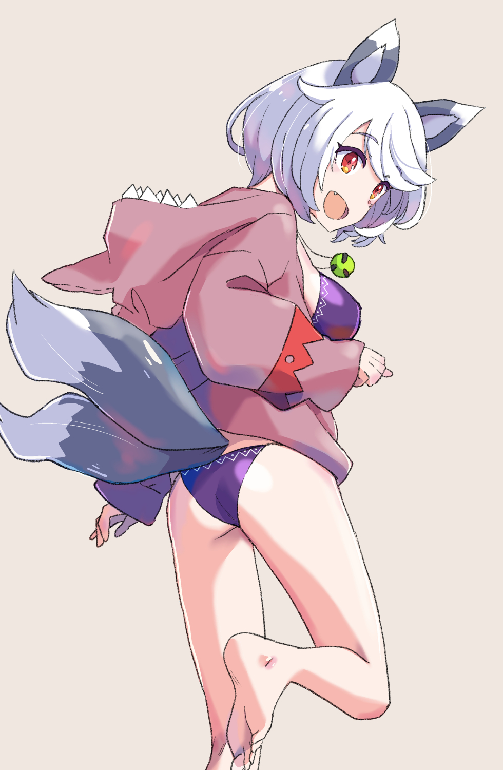 1girl adapted_costume animal_ears ass barefoot bikini breasts commentary_request dog_ears dog_tail fang from_behind highres hood hoodie jack_(wkm74959) jewelry long_sleeves looking_back medium_breasts mitsugashira_enoko multiple_tails open_mouth orange_eyes pendant pink_hoodie purple_bikini short_hair simple_background smile solo standing standing_on_one_leg swimsuit tail touhou white_hair