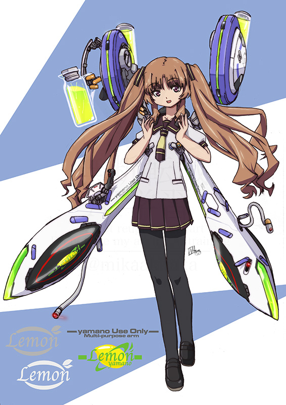 1girl akitaka_mika ano_natsu_de_matteru armor black_pantyhose brown_eyes brown_hair commentary_request lemonade mecha_musume pantyhose pitcher_(container) school_uniform twintails yamano_remon