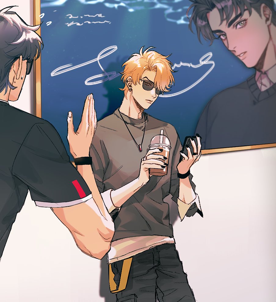 2boys black_nails black_pants blonde_hair blue_eyes blue_hair cellphone closed_mouth commentary cup dio_brando disposable_cup drink english_commentary hako_iix07 holding holding_phone idol jojo_no_kimyou_na_bouken jonathan_joestar looking_at_another male_focus multiple_boys outdoors pants phantom_blood phone shirt short_hair short_sleeves smartphone sunglasses sweatdrop