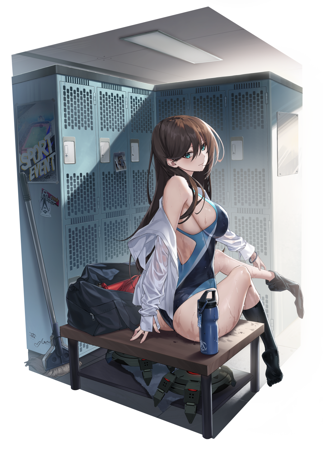 1girl alpha_transparency aqua_eyes ass back_cutout beach bench black_bag black_socks bottle bracelet breasts brown_hair clothing_cutout commentary competition_swimsuit counter:side english_commentary explosive from_behind hair_behind_ear hair_between_eyes highres indoors jewelry kim_chowon large_breasts leg_up light_smile locker locker_room logo long_hair long_sleeves looking_at_viewer looking_back mine_(weapon) mop off_shoulder official_alternate_costume official_art one-piece_swimsuit open_clothes open_shirt outdoors photo_(object) plantar_flexion poster_(object) removing_legwear see-through_clothes see-through_shirt shirt sideboob sitting socks solo sports_bottle summer swimsuit tiptoes tumbler wet wet_clothes white_shirt wooden_bench